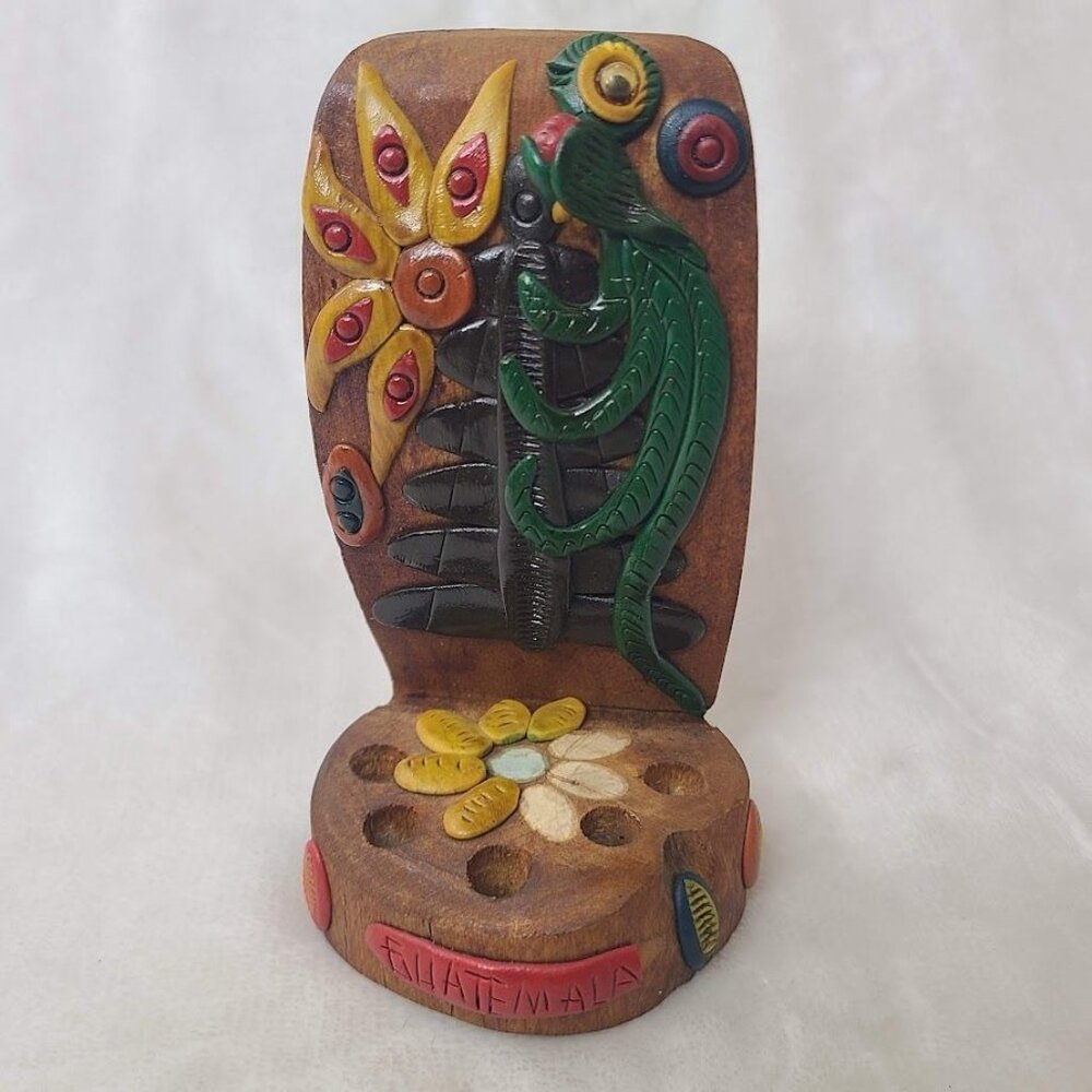 Guatemala Hand Carved Wooden Quetzal Bird Incense Holder Folk Art - Picture 2 of 11